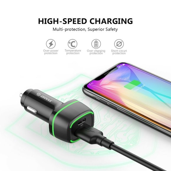 ESOULK BLACK 36W FAST CAR CHARGER 18W PD+18W QC USB-A & USB-C - Picture 4 of 6